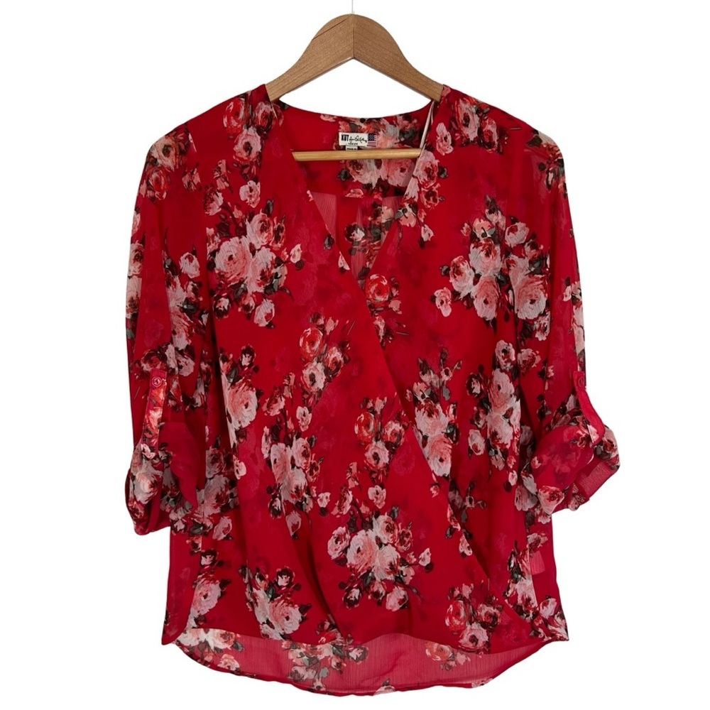 Kut from the Kloth Sheer Top Faux Wrap Red Floral Women’s Medium Made in USA